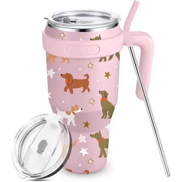 Sursip 40 oz Insulated Tumbler with Handle and StrawStainless Steel Vacuum Insulated MugGifts for Women Men Him HerIced Tea or CoffeeDrinks Cold up to 24 HoursFit Car HolderBlackPinkDog