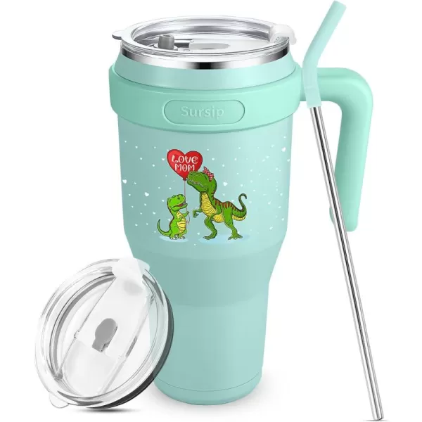 Sursip 40 oz Insulated Tumbler with Handle and StrawStainless Steel Vacuum Insulated MugGifts for Women Men Him HerIced Tea or CoffeeDrinks Cold up to 24 HoursFit Car HolderBlackGreenDinosaur