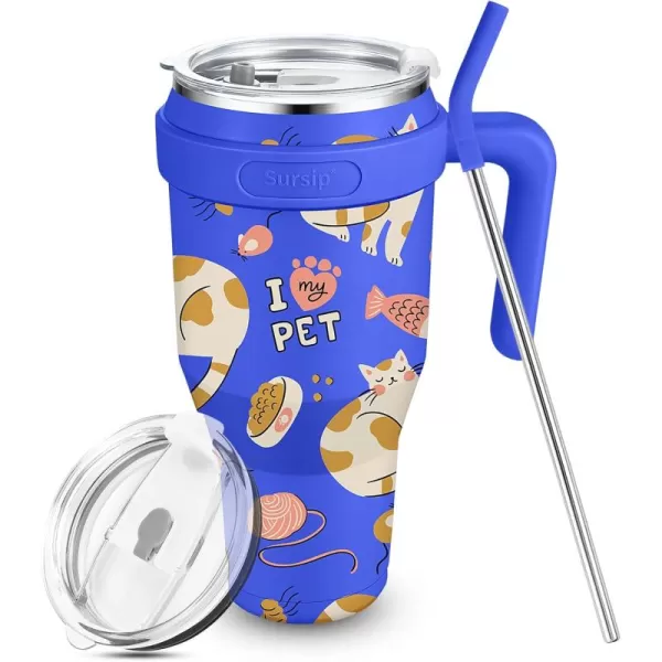 Sursip 40 oz Insulated Tumbler with Handle and StrawStainless Steel Vacuum Insulated MugGifts for Women Men Him HerIced Tea or CoffeeDrinks Cold up to 24 HoursFit Car HolderBlackBlueCat