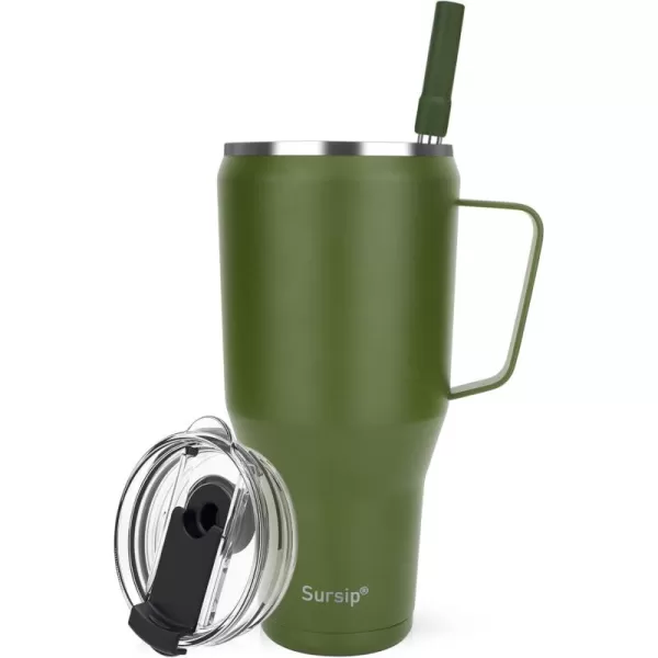 Sursip 40 oz Insulated Tumbler with Screw Lid  Stainless Steel Vacuum Cup with Straw and Handle Keeps Drinks Cold up to 24 Hours  SweatLeak Proof Dishwasher Safe Fits Car Cup Holder BlackOlive Green