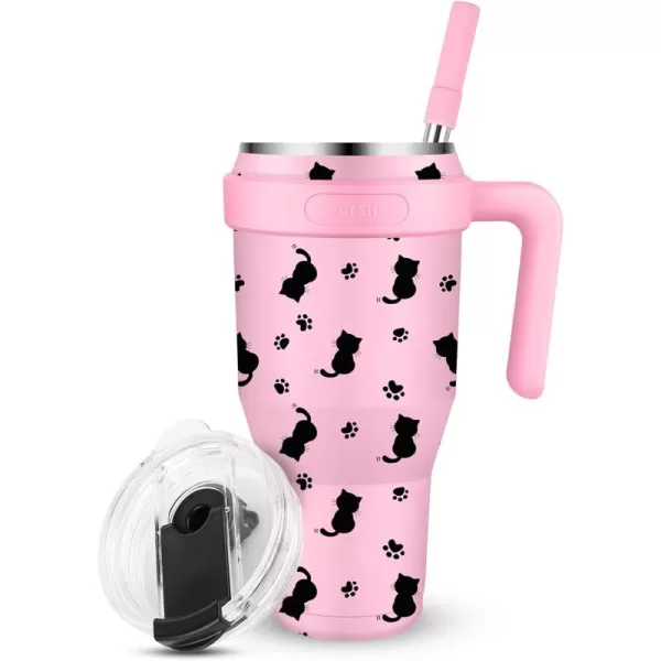 Sursip 40 oz Insulated Tumbler with Screw Lid  Stainless Steel Vacuum Cup with Straw and Handle Keeps Drinks Cold up to 24 Hours  SweatLeak Proof Dishwasher Safe Fits Car Cup Holder PlatingPink Kitten