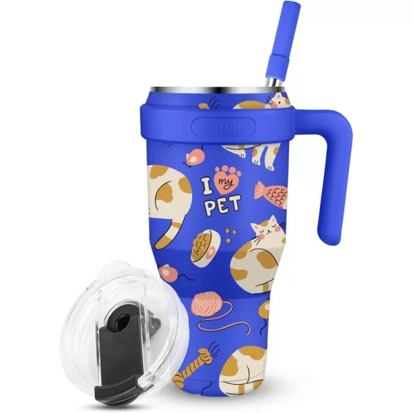Sursip 40 oz Insulated Tumbler with Screw Lid  Stainless Steel Vacuum Cup with Straw and Handle Keeps Drinks Cold up to 24 Hours  SweatLeak Proof Dishwasher Safe Fits Car Cup Holder PlatingBlue Cat