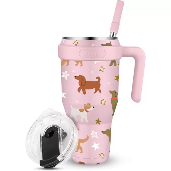 Sursip 40 oz Insulated Tumbler with Screw Lid  Stainless Steel Vacuum Cup with Straw and Handle Keeps Drinks Cold up to 24 Hours  SweatLeak Proof Dishwasher Safe Fits Car Cup Holder PlatingPink Puppy