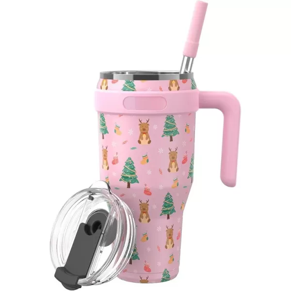 Sursip 40 oz Insulated Tumbler with Screw Lid  Stainless Steel Vacuum Cup with Straw and Handle Keeps Drinks Cold up to 24 Hours  SweatLeak Proof Dishwasher Safe Fits Car Cup Holder PlatingPink Elk