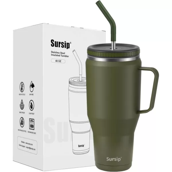 Sursip 40 oz Tumbler with Handle and Straw Lid  Stainless Steel Vacuum Insulated Coffee Cup Travel Mug Keeps Cold for 24 Hours  Sweat Proof Dishwasher Safe Cupholder Friendly Olive GreenOlive Green