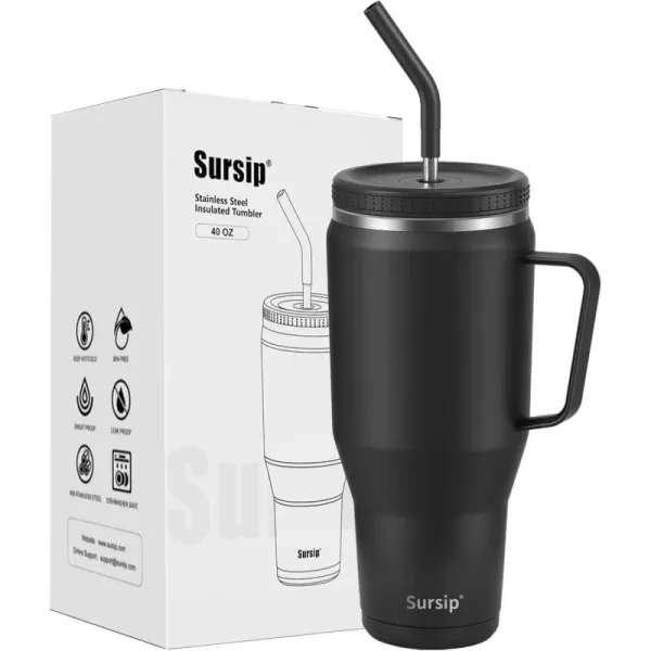 Sursip 40 oz Tumbler with Handle and Straw Lid  Stainless Steel Vacuum Insulated Coffee Cup Travel Mug Keeps Drinks Cold up to 24 Hours  Sweat Proof Dishwasher Safe Cupholder Friendly BlackBlack