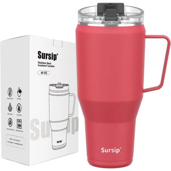 Sursip 40oz Insulated Tumbler with Stainless Steel Handle and 2 in 1 Straw LidStainless Steel Double Wall Travel MugLeak Proof Iced Coffee CupHot for 8H or Iced for 24HSweat ProofBPA FreePinkRed