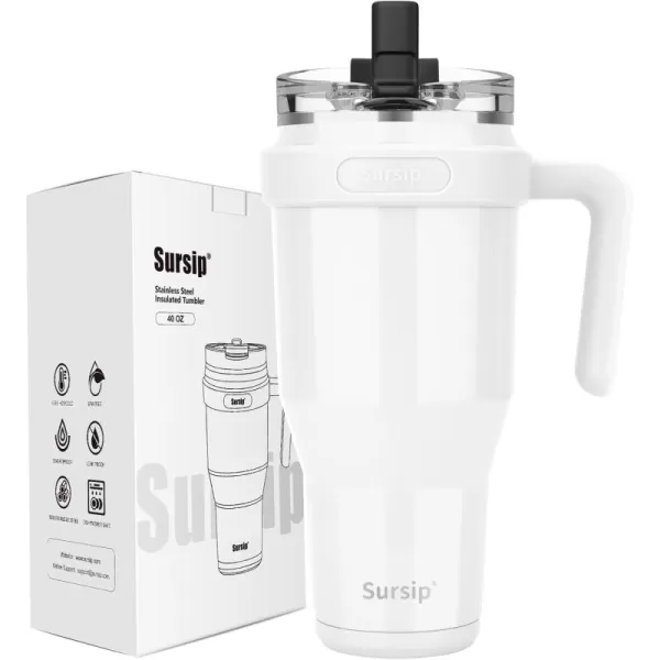 Sursip 40oz Insulated Tumbler with Stainless Steel Handle and 2 in 1 Straw LidStainless Steel Double Wall Travel MugLeak Proof Iced Coffee CupHot for 8H or Iced for 24HSweat ProofBPA FreePinkwhite light