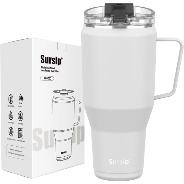 Sursip 40oz Insulated Tumbler with Stainless Steel Handle and 2 in 1 Straw LidStainless Steel Double Wall Travel MugLeak Proof Iced Coffee CupHot for 8H or Iced for 24HSweat ProofBPA FreePinkWhite
