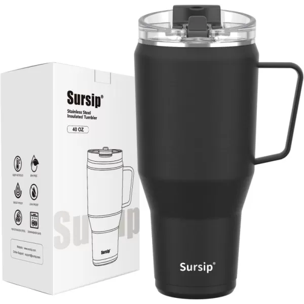 Sursip 40oz Insulated Tumbler with Stainless Steel Handle and 2 in 1 Straw LidStainless Steel Double Wall Travel MugLeak Proof Iced Coffee CupHot for 8H or Iced for 24HSweat ProofBPA FreeBlackBlack
