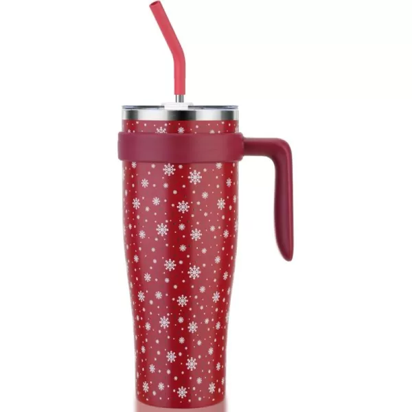 Sursip 50 oz Mug Tumbler with Handle Double Wall Vacuum Stainless Steel Tumbler with Straw and 2 Lids Keeps Drinks Cold up to 24 Hours  Leak Proof Dishwasher Safe Fit Car Cup Holder WhiteRed Snowflake