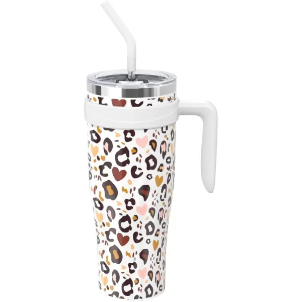 Sursip 50 oz Mug Tumbler with Handle Double Wall Vacuum Stainless Steel Tumbler with Straw and 2 Lids Keeps Drinks Cold up to 24 Hours  Leak Proof Dishwasher Safe Fit Car Cup Holder Ice BlueWhite Leopard