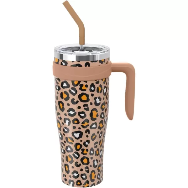 Sursip 50 oz Mug Tumbler with Handle Double Wall Vacuum Stainless Steel Tumbler with Straw and 2 Lids Keeps Drinks Cold up to 24 Hours  Leak Proof Dishwasher Safe Fit Car Cup Holder WhiteKhaki Leopard