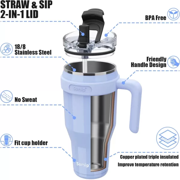 Sursip 40oz Insulated Tumbler with Handle and Flip StrawStainless Steel Travel Mug 2 in 1 Straw LidLeak Proof Keeps Drinks Cold for 24 HoursSweat ProofFit in Cup HolderBlackIce Blue