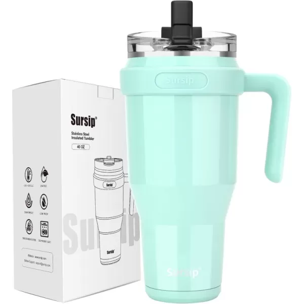 Sursip 40oz Insulated Tumbler with Handle and Flip StrawStainless Steel Travel Mug 2 in 1 Straw LidLeak Proof Keeps Drinks Cold for 24 HoursSweat ProofFit in Cup HolderBlackMild Mint