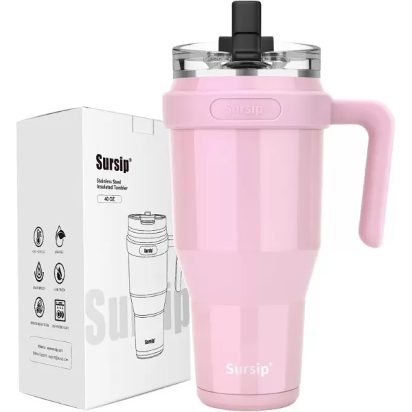 Sursip 40oz Insulated Tumbler with Handle and Flip StrawStainless Steel Travel Mug 2 in 1 Straw LidLeak Proof Keeps Drinks Cold for 24 HoursSweat ProofFit in Cup HolderBlackPink light