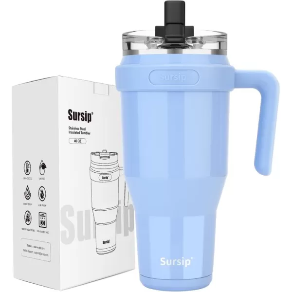 Sursip 40oz Insulated Tumbler with Handle and Flip StrawStainless Steel Travel Mug 2 in 1 Straw LidLeak Proof Keeps Drinks Cold for 24 HoursSweat ProofFit in Cup HolderBlackIce Blue