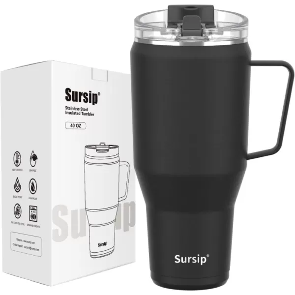 Sursip 40oz Insulated Tumbler with Handle and Flip StrawStainless Steel Travel Mug 2 in 1 Straw LidLeak Proof Keeps Drinks Cold for 24 HoursSweat ProofFit in Cup HolderBlackBlack