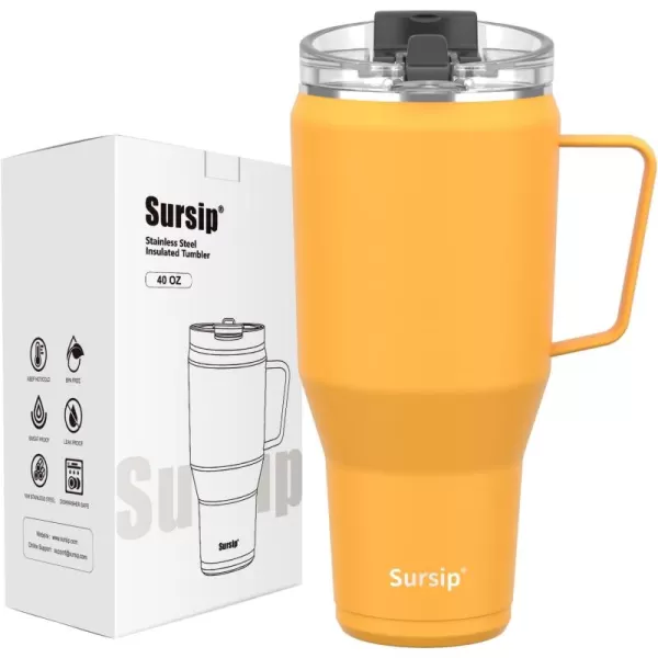 Sursip 40oz Insulated Tumbler with Handle and Flip StrawStainless Steel Travel Mug 2 in 1 Straw LidLeak Proof Keeps Drinks Cold for 24 HoursSweat ProofFit in Cup HolderBlackYellow