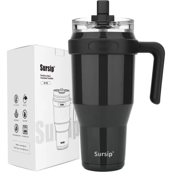 Sursip 40oz Insulated Tumbler with Handle and Flip StrawStainless Steel Travel Mug 2 in 1 Straw LidLeak Proof Keeps Drinks Cold for 24 HoursSweat ProofFit in Cup HolderBlackblack light