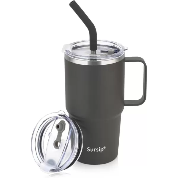Sursip 24 oz Insulated Cup with Handle Double Wall Vacuum Stainless Steel Tumbler with Straw and 2 Lids For ColdHot Drinks Coffee Travel Mug for CarHomeOfficePartyCamping Lilac1 PackGray