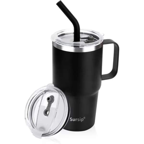 Sursip 24 oz Insulated Cup with Handle Double Wall Vacuum Stainless Steel Tumbler with Straw and 2 Lids For ColdHot Drinks Coffee Travel Mug for CarHomeOfficePartyCamping Orange1 PackBlack