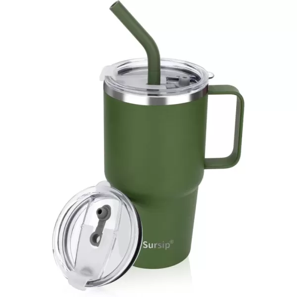 Sursip 24 oz Insulated Cup with Handle Double Wall Vacuum Stainless Steel Tumbler with Straw and 2 Lids For ColdHot Drinks Coffee Travel Mug for CarHomeOfficePartyCamping Orange1 PackOlive Green