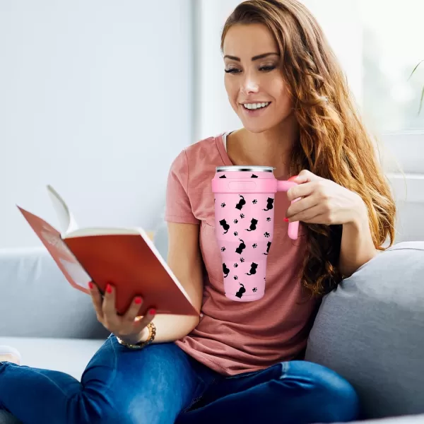 Sursip 40 oz Insulated Tumbler with Handle and StrawStainless Steel Vacuum Insulated MugGifts for Women Men Him HerIced Tea or CoffeeDrinks Cold up to 24 HoursFit Car HolderBlackPinkCat
