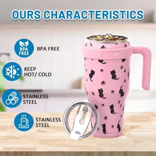 Sursip 40 oz Insulated Tumbler with Handle and StrawStainless Steel Vacuum Insulated MugGifts for Women Men Him HerIced Tea or CoffeeDrinks Cold up to 24 HoursFit Car HolderBlackPinkCat