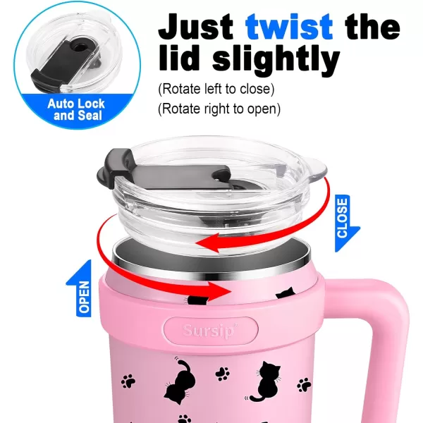 Sursip 40 oz Insulated Tumbler with Screw Lid  Stainless Steel Vacuum Cup with Straw and Handle Keeps Drinks Cold up to 24 Hours  SweatLeak Proof Dishwasher Safe Fits Car Cup Holder BlackPink Kitten