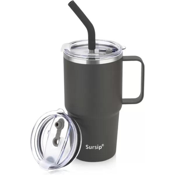 Sursip 24 oz Insulated Cup with Handle Double Wall Vacuum Stainless Steel Tumbler with Straw and 2 Lids For ColdHot Drinks Coffee Travel Mug for CarHomeOfficePartyCamping Red1 PackGray