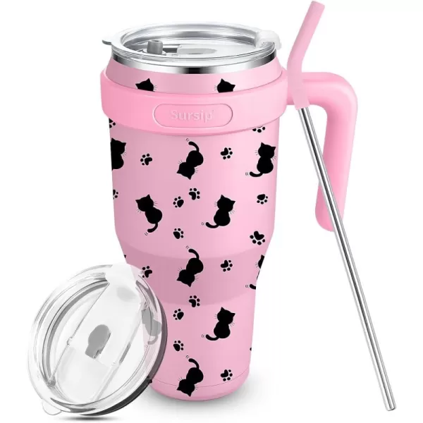 Sursip 40 oz Insulated Tumbler with Handle and StrawStainless Steel Vacuum Insulated MugGifts for Women Men Him HerIced Tea or CoffeeDrinks Cold up to 24 HoursFit Car HolderBlackPinkCat