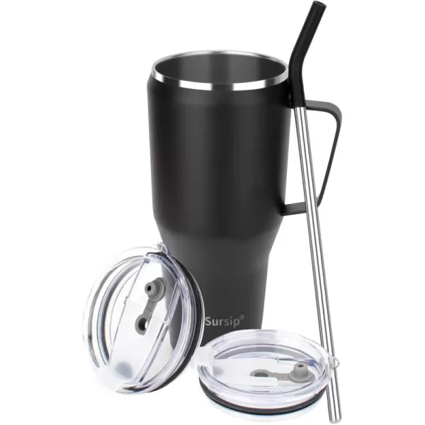 Sursip 40oz Mug TumblerStainless Steel Vacuum Insulated Mug with HandleLid and StrawFit for Car HolderKeeps Cold up to 24 HoursSweat ProofLeak ProofDishwasher SafeBlackBlack