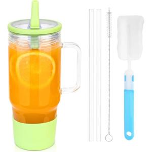 imageSursip 40 oz Glass Tumbler with Handle and Simple Flip Straw Lid Leakproof Reusable Iced Coffee Cup with Silicone Sleeve Car Cup Holder Friendly Office Travel  Ideal Gifts for Women ampamp MenGreen