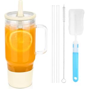 imageSursip 40 oz Glass Tumbler with Handle and Simple Flip Straw Lid Leakproof Reusable Iced Coffee Cup with Silicone Sleeve Car Cup Holder Friendly Office Travel  Ideal Gifts for Women ampamp MenCream