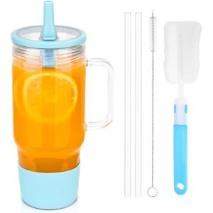 imageSursip 40 oz Glass Tumbler with Handle and Simple Flip Straw Lid Leakproof Reusable Iced Coffee Cup with Silicone Sleeve Car Cup Holder Friendly Office Travel  Ideal Gifts for Women ampamp MenSkyBlue