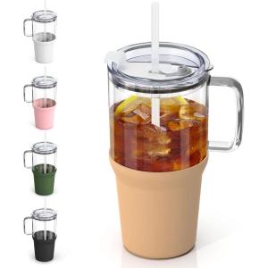 imageSursip 40 oz Glass Tumbler with Handle and Simple Flip Straw Lid Leakproof Reusable Iced Coffee Cup with Silicone Sleeve Car Cup Holder Friendly Office Travel  Ideal Gifts for Women ampamp MenKhaki