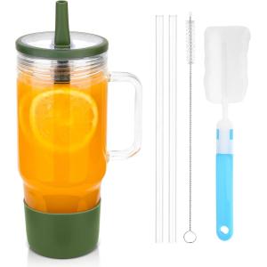 imageSursip 40 oz Glass Tumbler with Handle and Simple Flip Straw Lid Leakproof Reusable Iced Coffee Cup with Silicone Sleeve Car Cup Holder Friendly Office Travel  Ideal Gifts for Women ampamp MenArmy Green