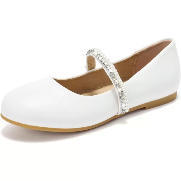 imageGirls Uniform Shoes Mary Jane Ballet Dress Flats Wedding with Pearls Glitter Strap for School White Pat Little Kid Size 3