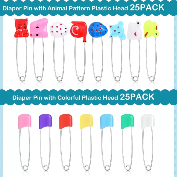 50 Pieces Diaper Pins Baby Diapers Safety Pins with Locking Closure Stainless Steel Baby Pin Plastic Head Safety Pin for Clothes Diaper Laundry Crafts Assorted Color Animal Nappy Pins with Storage Box