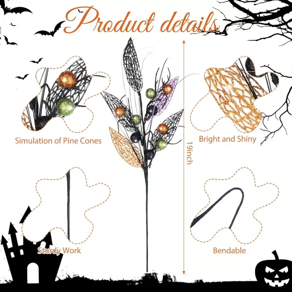 8 Pcs Halloween Branches Picks Stems Glitter Fake Twig Bush with Pumpkin Berries Black Faux Twigs and Branches for Vases Haunted House Gothic Floral Decor Artificial Berry Stems for VasePumpkinBerries