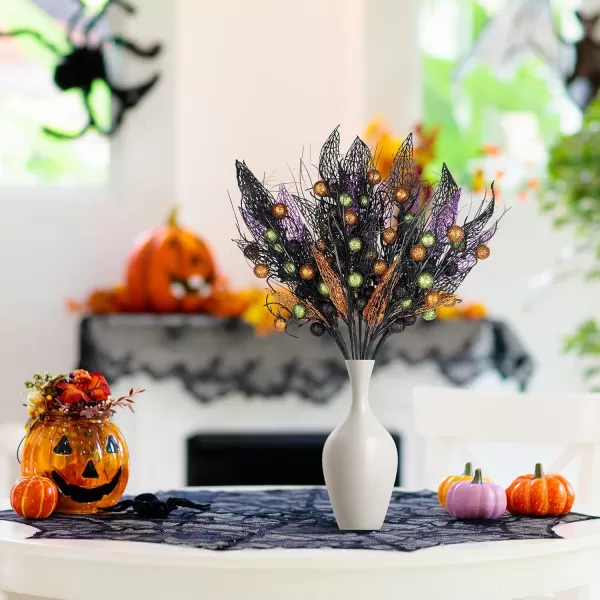 8 Pcs Halloween Branches Picks Stems Glitter Fake Twig Bush with Pumpkin Berries Black Faux Twigs and Branches for Vases Haunted House Gothic Floral Decor Artificial Berry Stems for VasePumpkinBerries