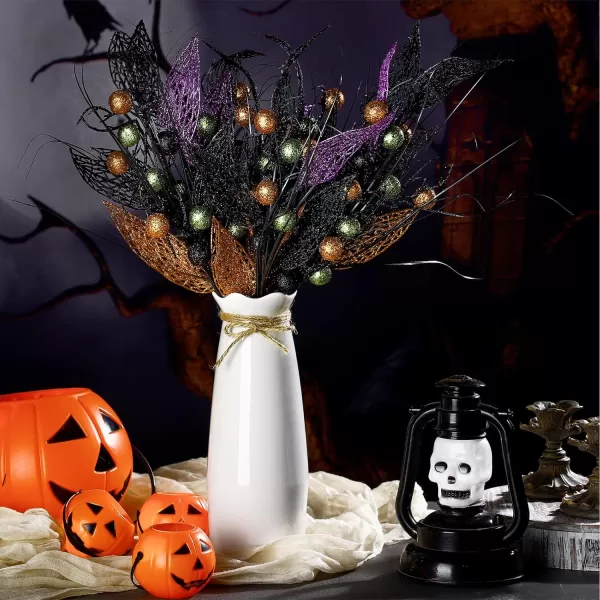 8 Pcs Halloween Branches Picks Stems Glitter Fake Twig Bush with Pumpkin Berries Black Faux Twigs and Branches for Vases Haunted House Gothic Floral Decor Artificial Berry Stems for VasePumpkinBerries