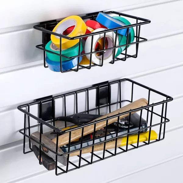 Geosar 4 Pcs Slatwall Baskets Ventilated Metal Slatwall Baskets Hanging Storage Baskets for PVC Slatwall Mounted Slatwall Accessories for Shops Rooms Storage Display Organizing Black