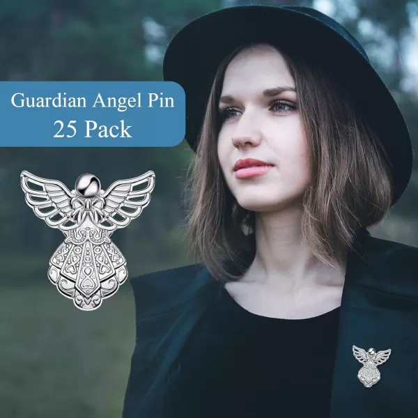 Geosar Set of 25 Memorial Angel Sign Pins Set Funeral Pocket Token Guardian Pocket Angel Pins Lucky Peace Dove Sign Poem Cards White Organza Bags Gift Bag Angel Charms Presents Religious EnglishEnglish