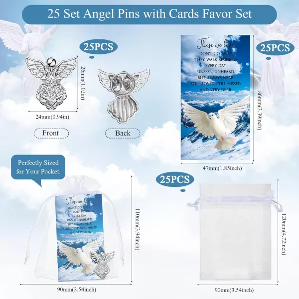 Geosar Set of 25 Memorial Angel Sign Pins Set Funeral Pocket Token Guardian Pocket Angel Pins Lucky Peace Dove Sign Poem Cards White Organza Bags Gift Bag Angel Charms Presents Religious EnglishEnglish