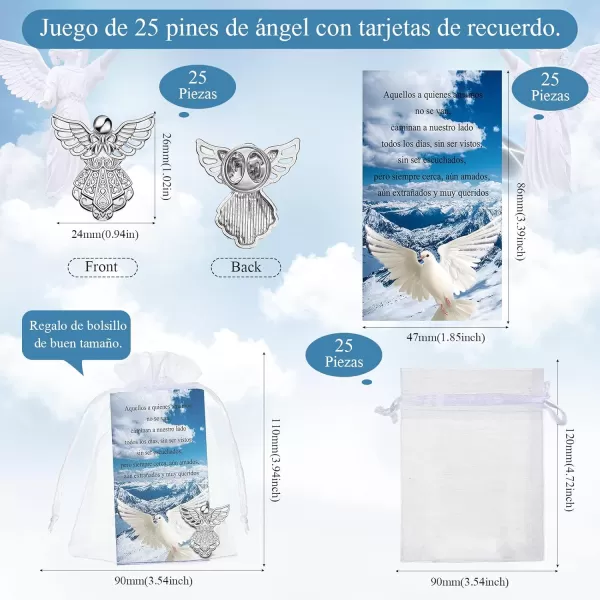 Geosar Set of 25 Memorial Angel Sign Pins Set Funeral Pocket Token Guardian Pocket Angel Pins Lucky Peace Dove Sign Poem Cards White Organza Bags Gift Bag Angel Charms Presents Religious EnglishSpanish