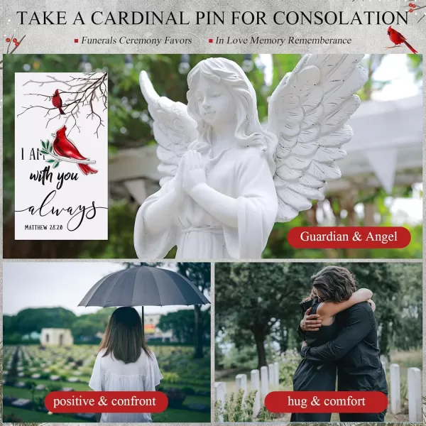 Set of 50 Memorial Cardinal Sign Pins Set Funeral Pocket Token Guardian Pocket Oil Dropped Cardinal Pins I Am with You Always Poem Cards White Organza Bags Gift Bag Cardinal Charms Presents Religious