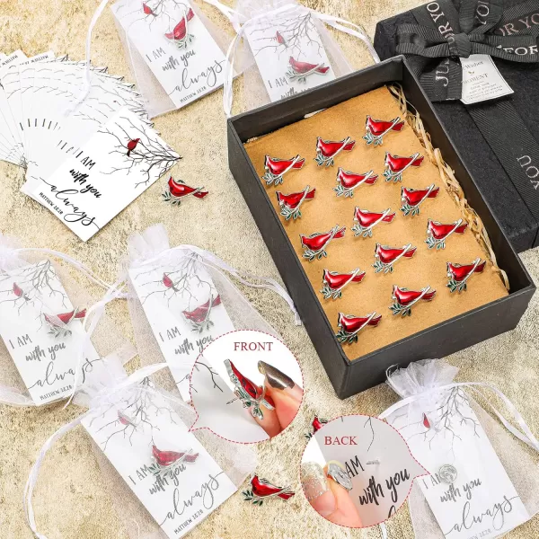 Set of 50 Memorial Cardinal Sign Pins Set Funeral Pocket Token Guardian Pocket Oil Dropped Cardinal Pins I Am with You Always Poem Cards White Organza Bags Gift Bag Cardinal Charms Presents Religious