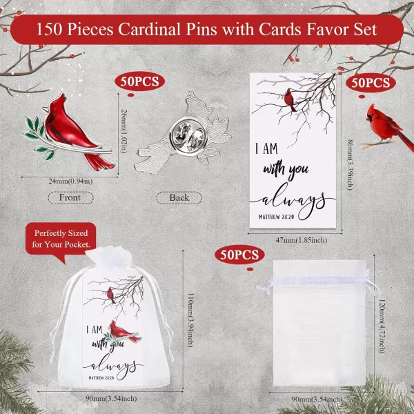 Set of 50 Memorial Cardinal Sign Pins Set Funeral Pocket Token Guardian Pocket Oil Dropped Cardinal Pins I Am with You Always Poem Cards White Organza Bags Gift Bag Cardinal Charms Presents Religious